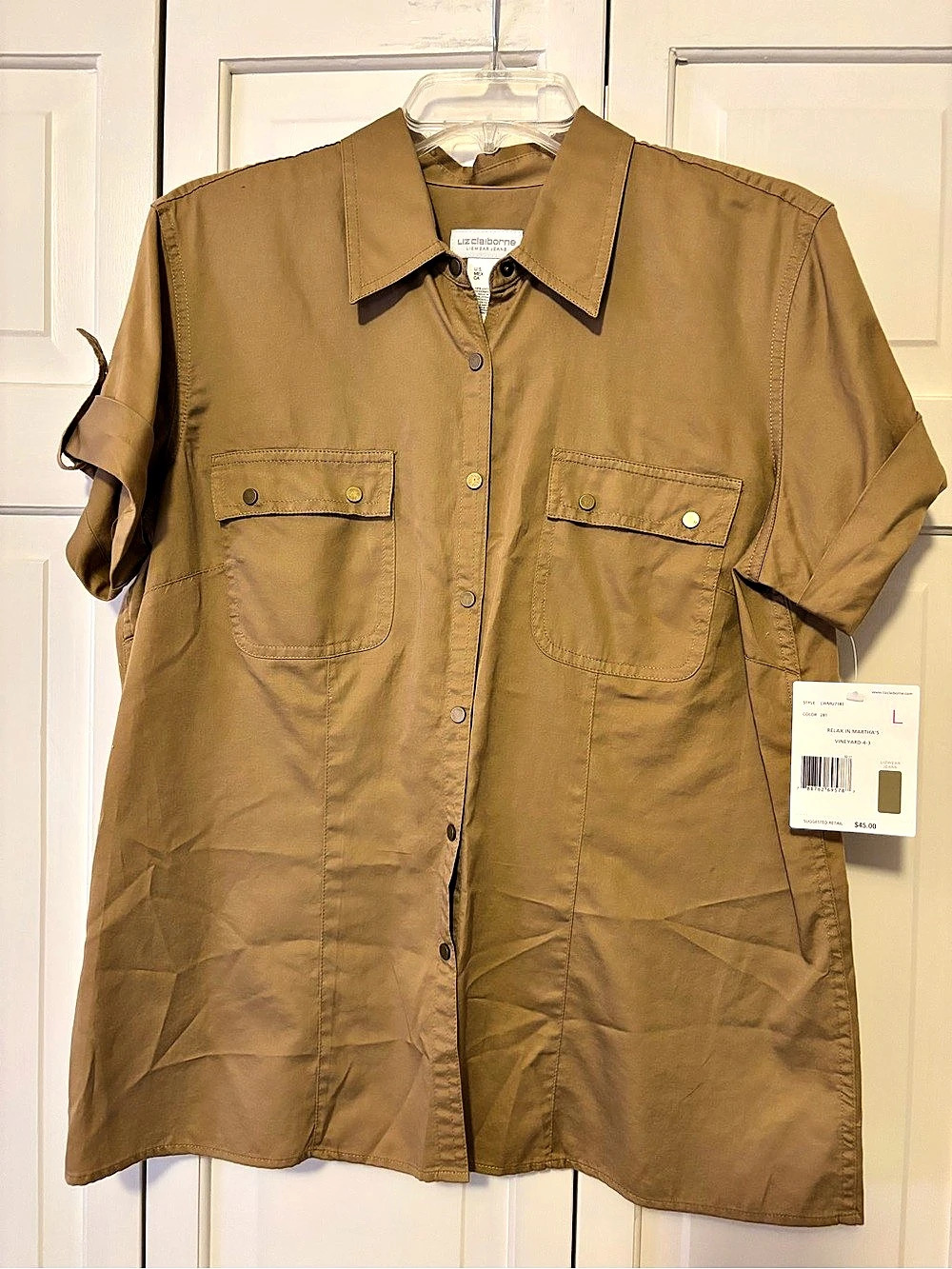 Liz Claiborne Relaxed Short Sleeve Button-Down Shirt Brown Large size L NWT